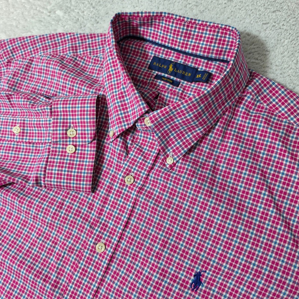 Ralph Lauren Button Down Mens XXL Pink Plaid Non-Iron L/S Pony Logo Shirt